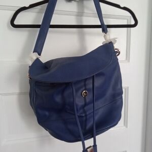 JustFab Navy Blue Faux-Leather Drawstring Shoulder Bag